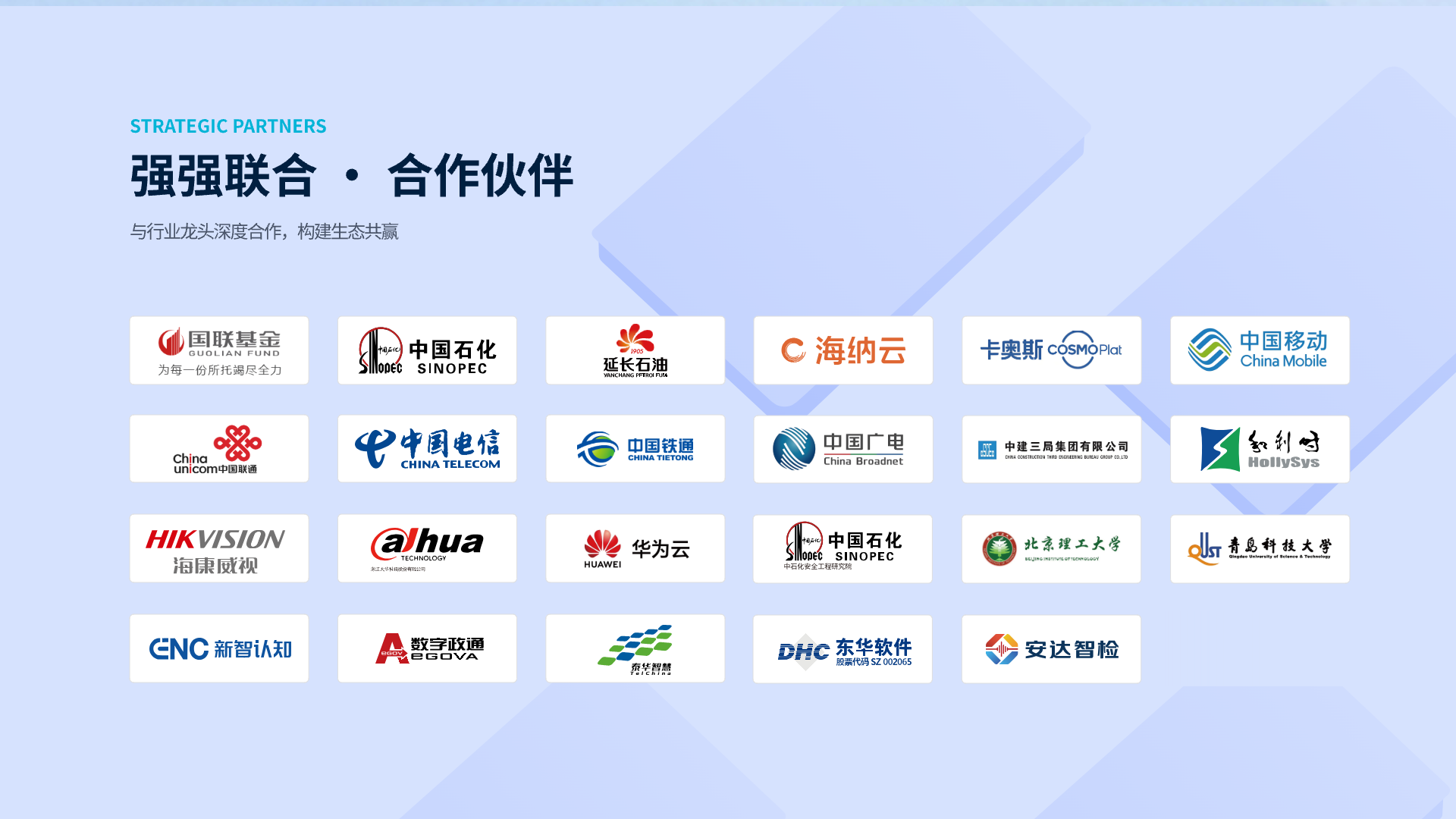 图研科技战略合作伙伴,包括中国石化、中国移动、中国电信、华为云、海康威视等